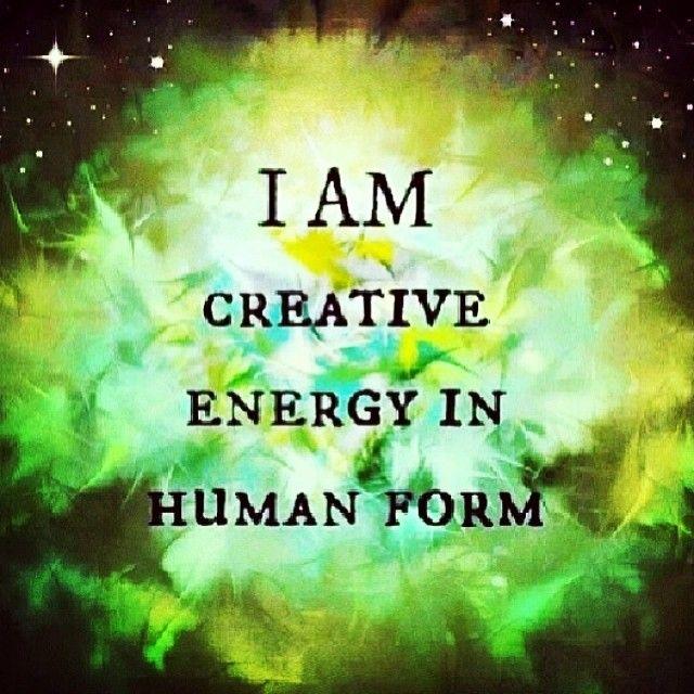 Text overlaying a green and yellow abstract background reads 'I am creative energy in human form.'