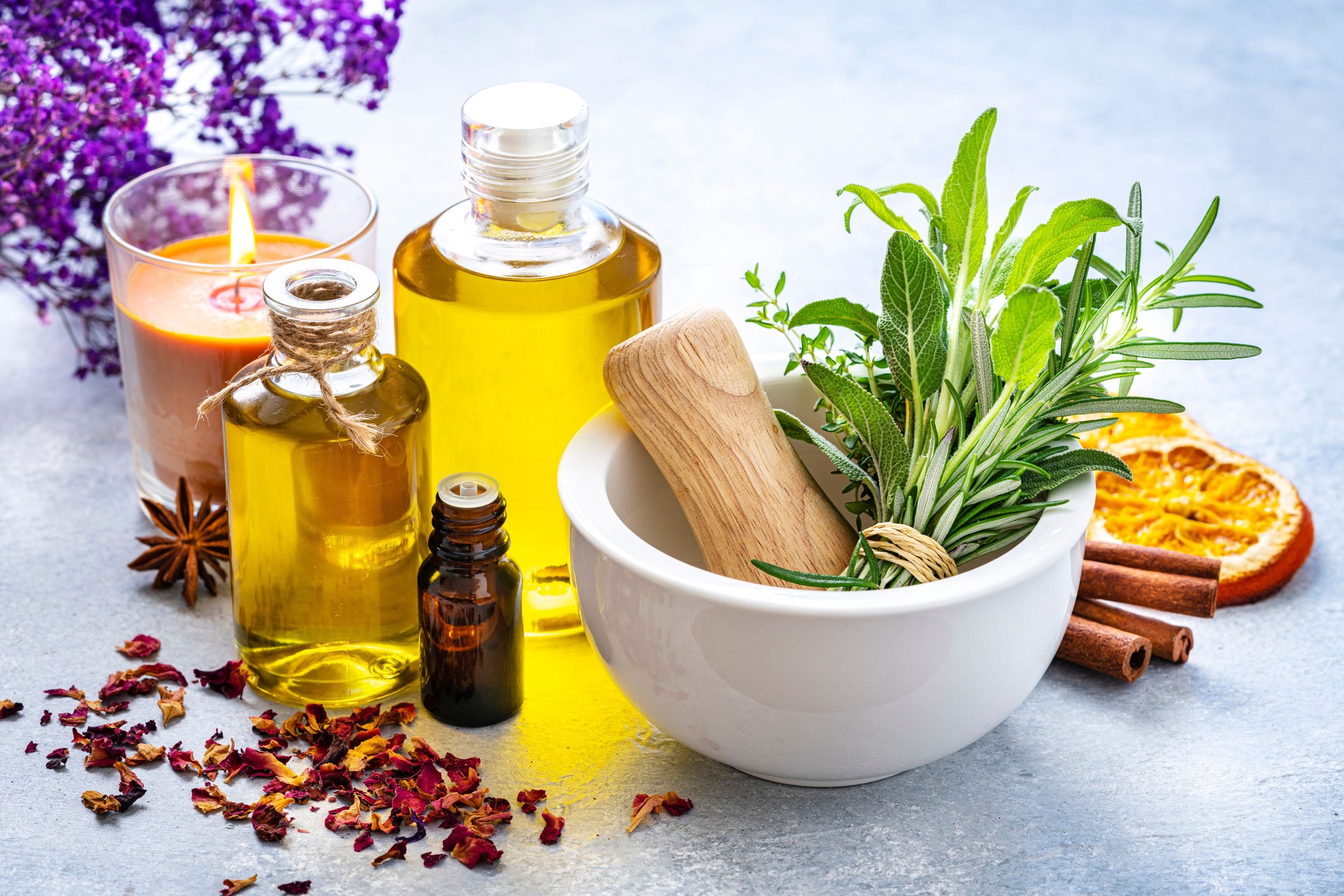 Aromatherapy and alternative medicine: massage oil and essential oil bottles